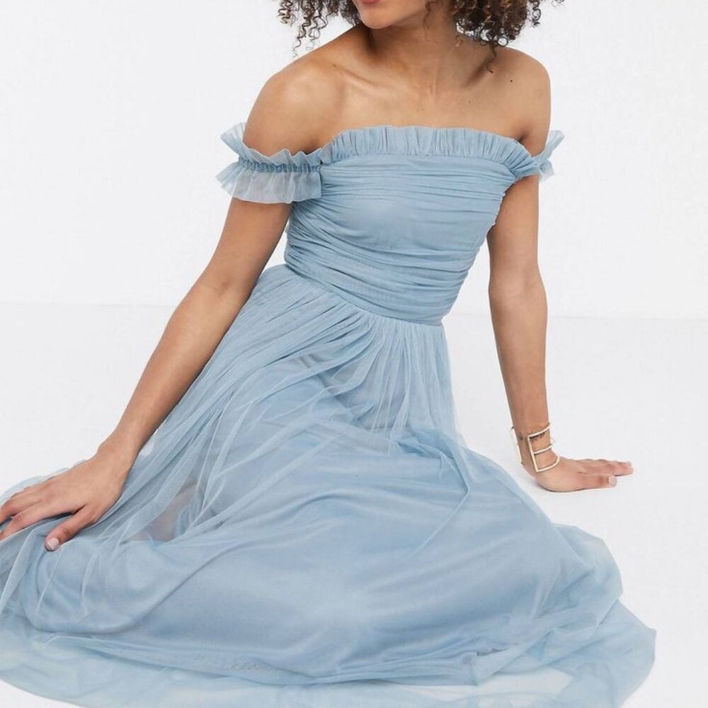 Anaya With Love tulle ruffle off shoulder tulle midi dress in blue